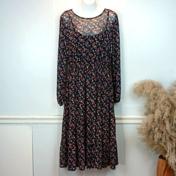 Live to be spoiled ditsy floral long-sleeve sheer mesh scoop neck maxi dress XL - Picture 1 of 14